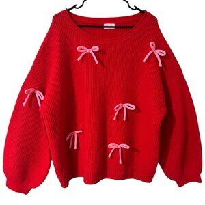 Pink Lily Women's Pullover Soft Comfy Crew Neck Sweater Red W/ Pink Bows XL